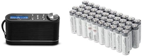 Roberts Play10 DAB/DAB plus/FM Digital Radio with Simple Presets - Black & Amazon Basics AA Alkaline Batteries, Industrial Double A, 5-Year Shelf Life, 40-Pack