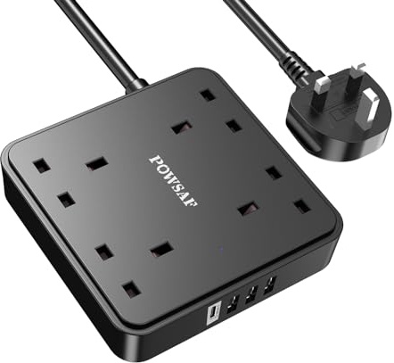 POWSAF Power Strip Extension Cord with 4 Plug Socket and 2M Extension Cable for Home Office Travel, Black