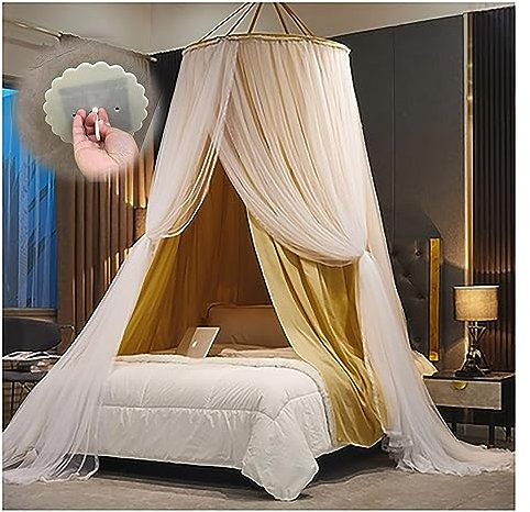 U Himmelbett-Vorhänge, rundes Kuppel-Himmelbett, Moskitonetz für und Erwachsene, doppellagig, Prinzessin, runde Kuppel-Überdachungen, Bettvorhang (Farbe: Gelb)