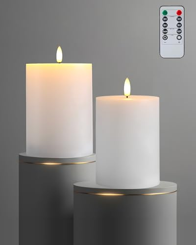 Gmnee 3x5 Flickering Flameless Candles with Remote Timer, 3 Diameter White Pillar, Real Wax, 2-Pack Large Battery Operated LED Candles for Table and Fireplace Decor (H 5)
