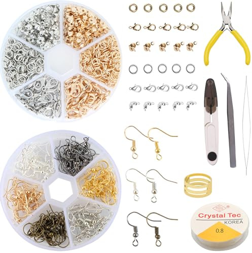 TBXqian Ohrring Machen Kit, 11 Stück Schmuckherstellung Set mit 490pcs Schmuckzubehör, Schmuck Basteln Zubehör Enthält Schmuckzange und Pinzette zum Halsketten Armband, Anhänger, Fußkette, Schmuck DIY