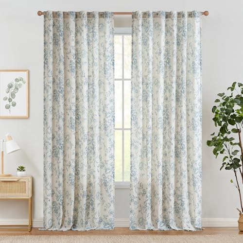 TOPICK Floral Gardinen Leinenoptik Vorhänge 2er Set H243xB95 Blau Beige | Lichtdurchlässig Gardinen Wohnzimmer boho landhausstil blickdicht Vorhänge Schlafzimmer Curtains Living Room fenstervorhang