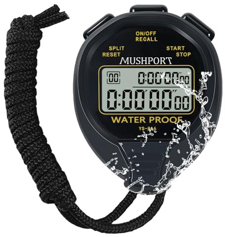 MUSHPORT Waterproof Stopwatch Timer 30 Laps/Splits Only Stopwatch Mode, ON/Off Silent Memory Recall Simple Operation, Digital Stop Watch for Sports Swimming Running, Black
