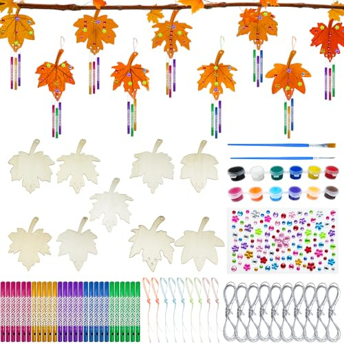 DONQL 9 Stück Ahornblatt Windspiel Bastelset, Ahornhornblatt Basteln, Holz Herbst Bastelhandwerk zum Bemalen Herbstblatt Klangspiel Kreativsets für Mädchen Junge Herbst Erntedankfest