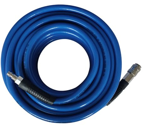3/8 Zoll PVC-verstärkter Druckluftschlauch, Luftkompressorschlauch mit 6,35 mm Schnellkupplung und Steckverbindungen, 15 m Länge, Blau