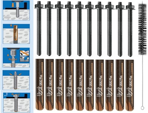 VERBUNDANKER SET M16x190mm EDELSTAHL A4-10x Glaspatronen M16 + 10 Ankerstangen M16x190mm A4 + Zylinderbürste/Klebeanker Ankerstangen Schwerlastbefestigung