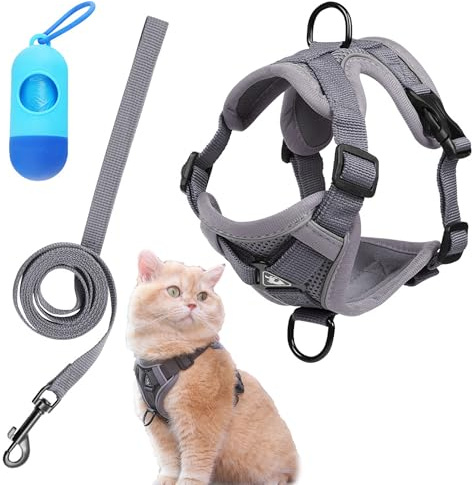 DHER Cat Harness and Leash Set Katzengeschirr mit Leine Set Weste Katzenleine, Kleine Haustiere Leine mit Reflektierstreifen, Verstellbarer Anti-Fall-Katzenbrustgurt Atmungsaktiver (Grau, L)