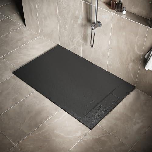 SIRHONA Receveur de Douche, Receveur de Douche Rectangulaire Antidérapant en Résine, Noir, avec Bonde, 140x90 cm