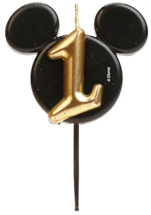 dekora - Candeline di Compleanno di Topolino - Candele di Disney di Cera di Paraffina Senza Fragranza - Candela di Compleanno con Orecchie di Mickey Mouse Nero e Oro - 8,5 cm - Candeline Numero 1