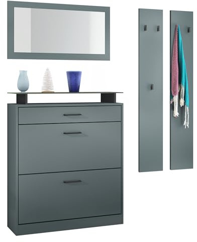 Vladon Garderobenset Enigma, Garderobe bestehend aus 1 Schuhschrank, 1 Wandspiegel und 2 Garderobenpaneele, Fjord Grün