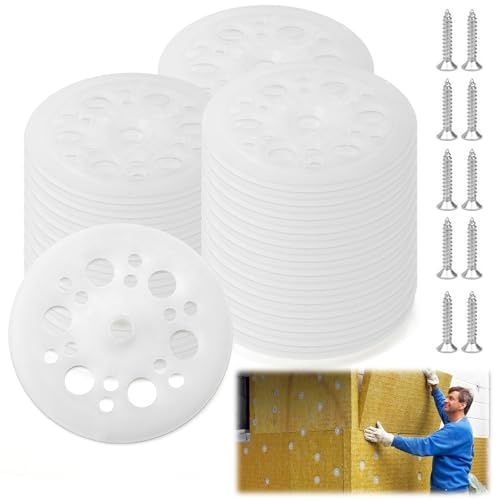 Arandelas de plástico HENGBIRD, 100 discos aislantes con 100 tornillos de 3 cm, para paredes de madera, fijación de placas aislantes y placas base (46 mm)