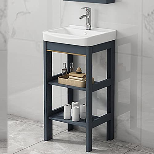 Lavandino da bagno in ceramica con piedistallo, lavandini per lavanderia, recipiente in porcellana rettangolare con gambe in metallo, ripiano portaoggetti per guardaroba in stile fattoria (Onecolor L5