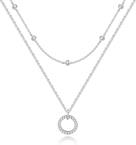 ALEXCRAFT Sterling Silber 925 Ketten Halskette für Damen, Silber Verstellbares Halsketten mit Zirkonia Kreis Anhänger Ketten, Zweilagige Doppel Layering Stapelbare Layered Halsketten Schmuck Ketten
