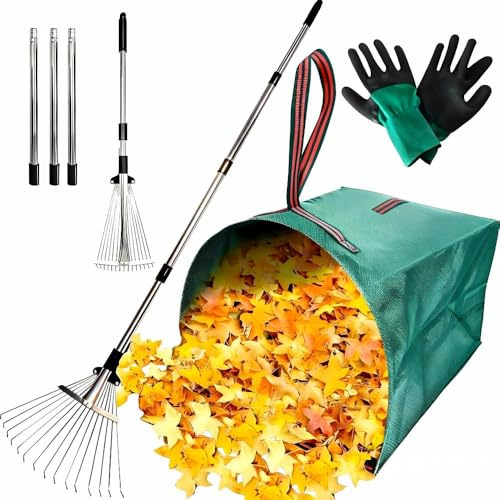RISETEX Leaf Rake for Lawns with 53 Gallon Dustpan-Type Leaf Bags,Heavy Duty Metal Garden Yard Rake Long Handle with Expandable Head 7-14 for Gardening Outdoor Camping Shrub Grass Bush Weed