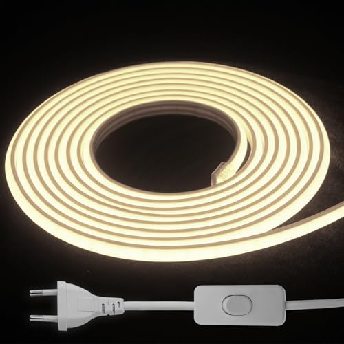 Ruban LED COB 220-240V IP65, Flexible, Intérieur Extérieur (3000k, 3M) | 700-800 lm/m, adhésif et recoupable tous les 10 cm pour cuisine, plafond, chambre, jardin, terrasse et éclairage commercial.