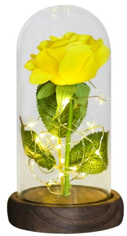 GBZIJIE Forever Flowers,Glass Rose Gifts For Her Eternal Rose In Glass Dome Artificial Forever Flower Light For Women(Yellow flower)