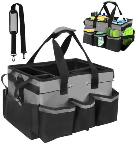Ruaizel Cleaning Caddy Bag, Cleaning Caddy Bag with Detachable Dividers | Multi-Pocket, Adjustable Shoulder Strap and Waist Belt, for Cleaners & Housekeepers, 40x23.5x27.5 cm (Grey)