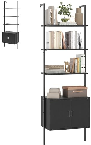 HOMASIS Leiterregal mit 5 Ebenen & Schrank, Wandregal mit Metallrahmen, Wandmontage Bücherregal, offenes Standregal Büroregal mit Kippschutz, Aufbewahungsregal für Wohnzimmer Zuhause Büro, Schwarz