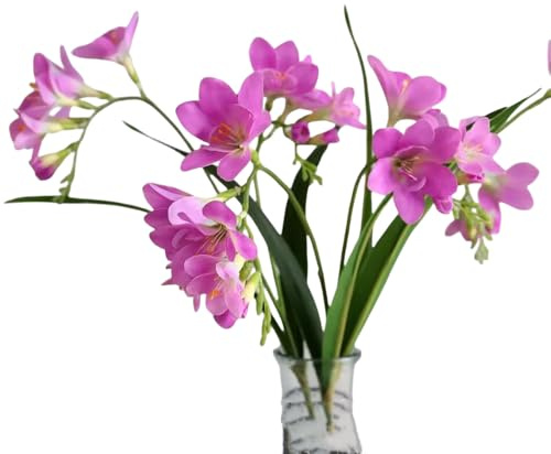 4pcs Freesias Flowers Artificial with Long Stem,24Real Touch Dendrobium Plants Fake Orchid Leaves,Faux Larkspur Flowers for Outdoor Table Patio Party Wedding Bouquet Fillers Decor (Hot Pink)