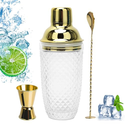 Shaker à Cocktail En Verre Transparent Doré 400ml, Shaker à Martini En Verre pour Cocktails, Avec Doseur, Pelle En Acier Inoxydable, pour Les Bars à Domicile, Boissons Mixées à Base De Jus, Dorée
