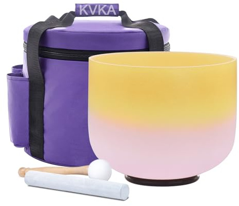 KVKA 20cm Klangschalen, 432Hz 8 inch E note Half-pink Design Chakra Klangschale für Yoga Meditation Sound Healing mit Tragetasche (Yellow-Pink)