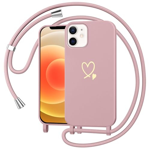 Jrkvniv Cover per iPhone 12 Mini con Cordino Regolabile, Custodia con Collana Tracolla Laccio Collo Morbido TPU Silicone Lanyard Necklace Motivo Amore Cuore Case Antiurto per iPhone 12 Mini, Rosa