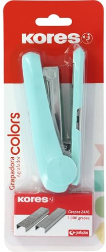 Kores - Grapadora Oficina Modelo Colors + 1.000 Grapas 24/6, Color Azul Soft, Tamaño 12,5x5,5x3cm, Capacidad 20 Hojas de Papel de 80g, Compatible con Grapas 26/6, Material Escolar y Profesional