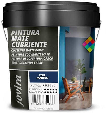JOVIRA PINTURAS Pintura Mate Cubriente | Colores | Pintura interior-exterior con excelente poder cubriente. (4 Litros, Azul Marino)-T