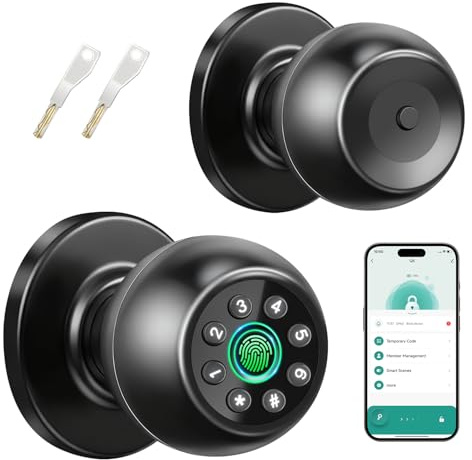 Smart Door Knob with Fingerprint, 5-in-1 Keyless Entry Door Lock with Keypad & App Control, Biometric Smart Lock with Backup Keys for Bedroom, Office Front Door (Black)