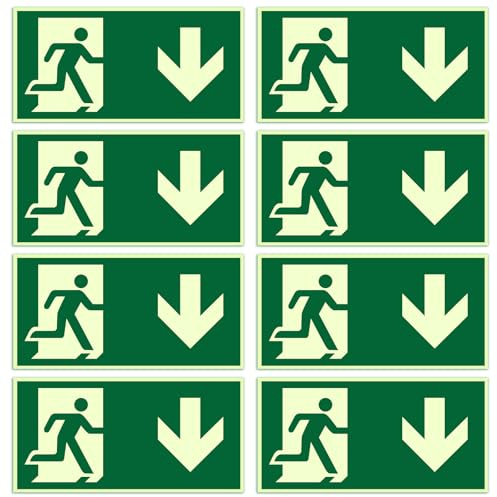 8 Pezzi Cartelli Uscita di Emergenza Luminosi Fotoluminescenti, Segnaletica Adesiva con Frecce Sinistra, Destra e Giù - Adesivi PVC per Interno/Esterno (30x15 cm) (Stile 1)