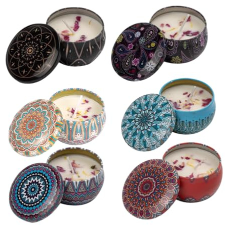 LUDHEP Set 6 Velas Perfumadas de Cera de Soja en Lata con Diseño Mandala, 6 Aromas Diferentes, Duración 15h, para Aromaterapia, Regalo para Mujer, Aniversario