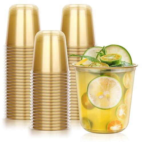 KesaPlan 50 Pcs Gold Plastic Glasses, 12oz Stemless Wine Glasses, Round Bottom Cups for Cocktails, Mocktails and Cold Drinks, Gold Plastic Cups for Weddings, Graduations, New Year Parties and Events