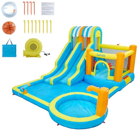 8-in-1 Inflatable Bouncy Castle Water Park for Kids, Dual Slides, Splash Pool, Water Cannon, Climbing Wall, Basketball Hoop, Outdoor/Indoor Playset with Blower & Storage Bag, Hexagonal, 483×381×242cm