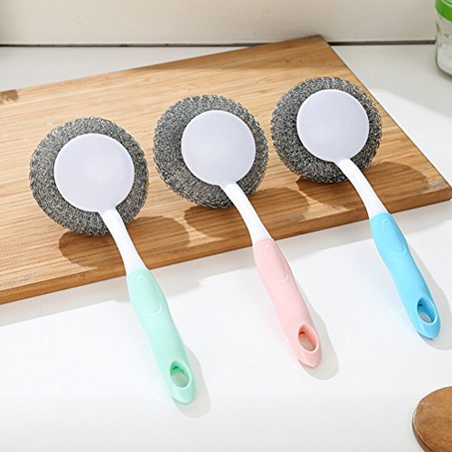 3 Piezas Esponjas De Acero Inoxidable Cepillo De Mango Largo Bola De Acero De Limpieza Lavadores De Acero Estropajos Metálicos Limpio Cepillo para Ollas