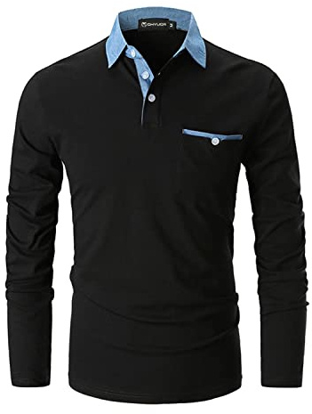 GHYUGR Poloshirts Herren Basic Langarm Baumwolle Polohemd Denim Nähen Golf T-Shirt S-XXL,Schwarz,L