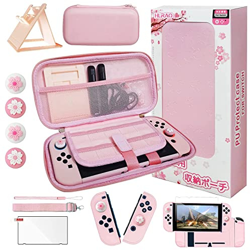HLRAO Rosa resetillbehörsset väska kompatibel med Nintendo Switch, Sakura design förvaringsväska fodral, med hårt skyddshölje, justerbart stativ, HD-glas skärmskydd och tumgrepp.