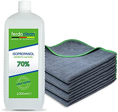 ferdoclean® 1000ml isopropanol 70% + 6 x chiffons en microfibre (40 x 40 cm) absorbant 380 GSM | Nettoyant à l'alcool IPA solvant 1l pour ménage, voiture | Nettoyant dégraissant - vert/anthracite