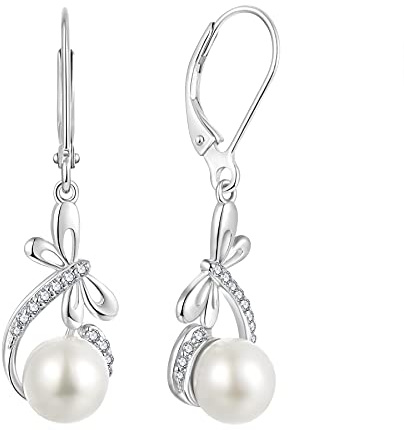 JO WISDOM Kvinnors oändliga pärlörhängen, 925 sterling silver fjäril spakback dinglande & droppe örhängen med 3A kubisk zirkonia, Pearl, Kubisk zirkonia