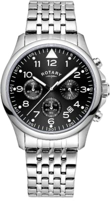Rotary Herren Chronograph Analog Quarz Uhr mit schwarzem Zifferblatt und silbernem Edelstahlarmband GB00475/19, Armband