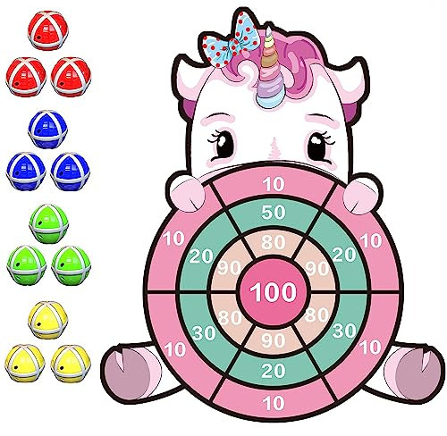 Einhorn Spielzeug für 4–9, 63cm Einhorn Geschenke Kinder Klett Dartscheibe mit 12 Klebrigen Bällen, Drinnen und Draußen Dart Wurfspiel Set für Kinder Groß und Klei, Geburtstagsgeschenk für 4–11