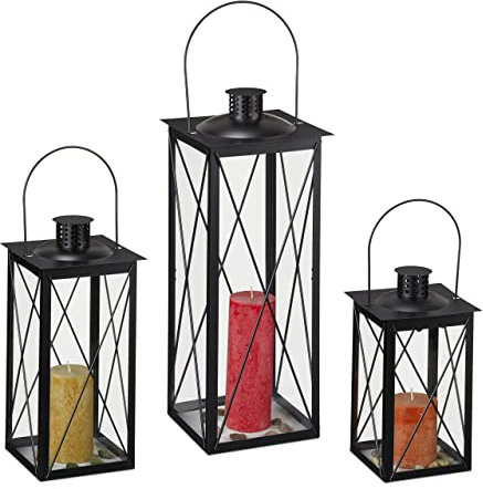 Relaxdays Lot de 3 lanternes, décoration intérieur et extérieur, 3 Tailles, métal, Verre, lampion pour Bougies, Noir