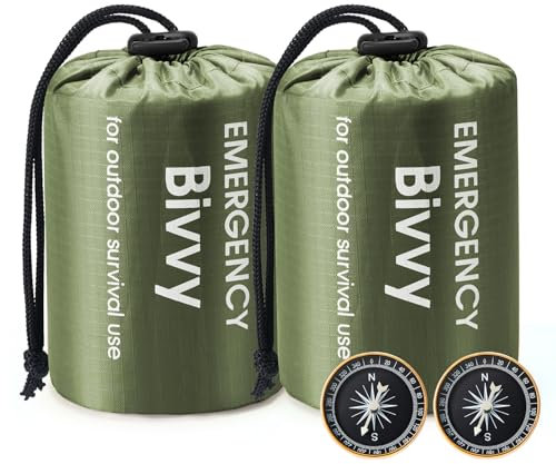 Esky Emergency Sleeping Bag, 2 Pack Survival Bag Portable Thermal Bivy Sack, Waterproof Lightweight Emergency Blanket Survival Gear with Compass for Camping Hiking Outdoor Adventure (Green)