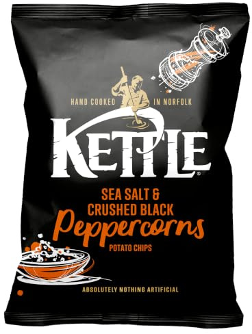 Kettle Sea Salt & Crushed Black Peppercorn Crisps, 130g Share Bag, Hand Cooked British Potato Chips, Gluten Free, Vegan & Vegetarian Friendly, Made In Norfolk