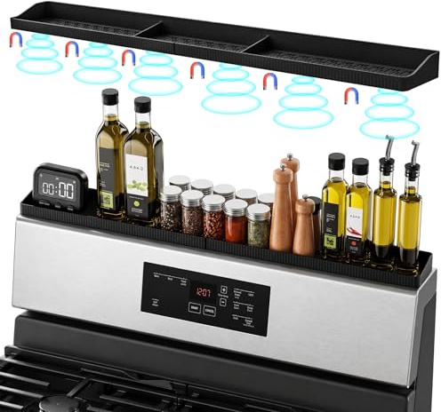 Foeacry 30 Inch Magnetic Stove Top Shelf - Heat Resistant Silicone Over Stove Spice Rack Organizer for Kitchen, No Drill, Easy Clean, Fits Gas & Electric Stoves
