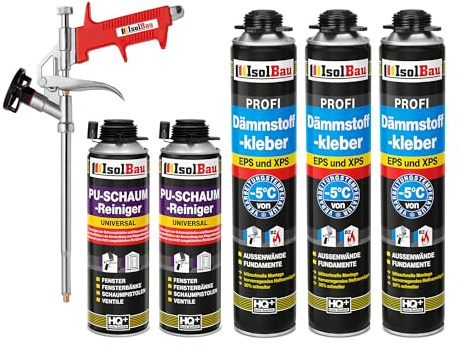Isolbau B2 Dämmstoffkleber SET - 3 x 750 ml Perimeterkleber, 2 x PU-Schaum-Reiniger & 1x Schaumpistole für EPS & XPS-Platten - 1K PU-Klebeschaum für Fixieren und Isolieren