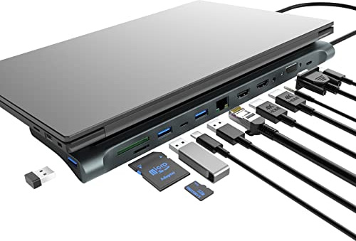 Docking station USB C, hub 12 in 1, triplo monitor da tipo C a 2 HDMI + adattatore VGA, per laptop con display esteso multiporta USB 3.0 SD/TF Audio per Dell, HP, Lenovo Laptop