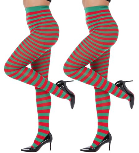 MANZI Randiga tights kvinnor maskeradtights för halloween 2 par, Röd/grön-2 par, en storlek