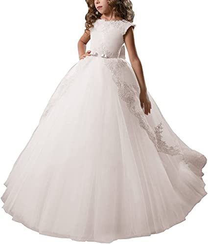 PLWEDDING Vestido Elegante de Flores para Niña Largo de Punta y Tul Festivo Vestido de Baile Puffy, Blanco, 8-9 años
