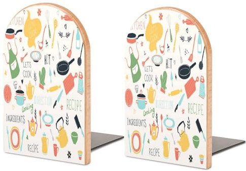 Quteprint Buchstützen aus Holz für Regale, Schreibtisch-Buchstützen, 2 Stück, Küchen-Ikonen-Sets, Rezept, dekorativ, Büro, Zuhause, Schule, Buchhalter, robuste Buchstopper für Filme, Bücher, Größe M