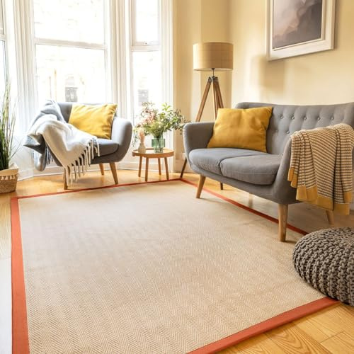 Natural Herringbone Orange Red Cotton Border Jute Area Rug Soft Woven Non Slip Flatweave Mat Sisal Sustainable Living Room Carpet Entrance Hallway Kitchen Rugs 80cm x 150cm